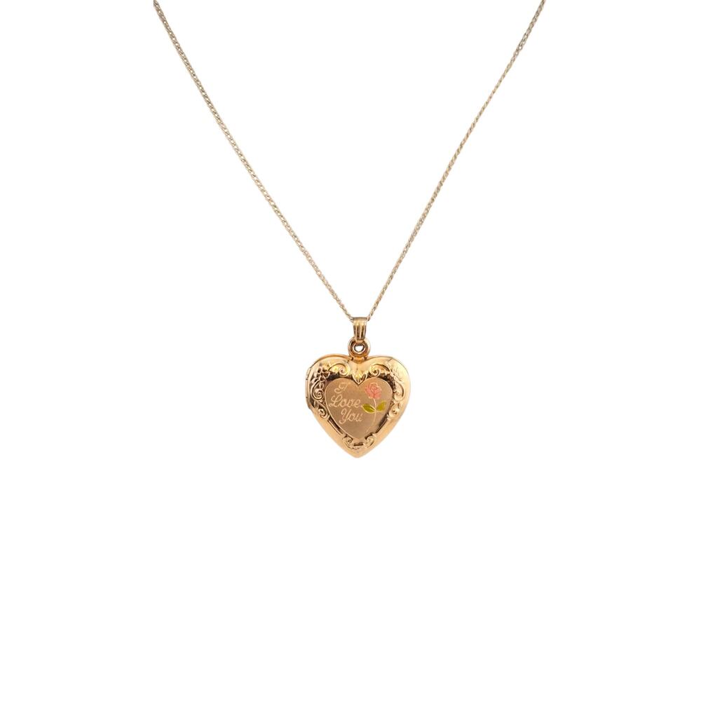 Vintage 14K GF Heart Locket Necklace I Love You Engraved 16 Inch Chain